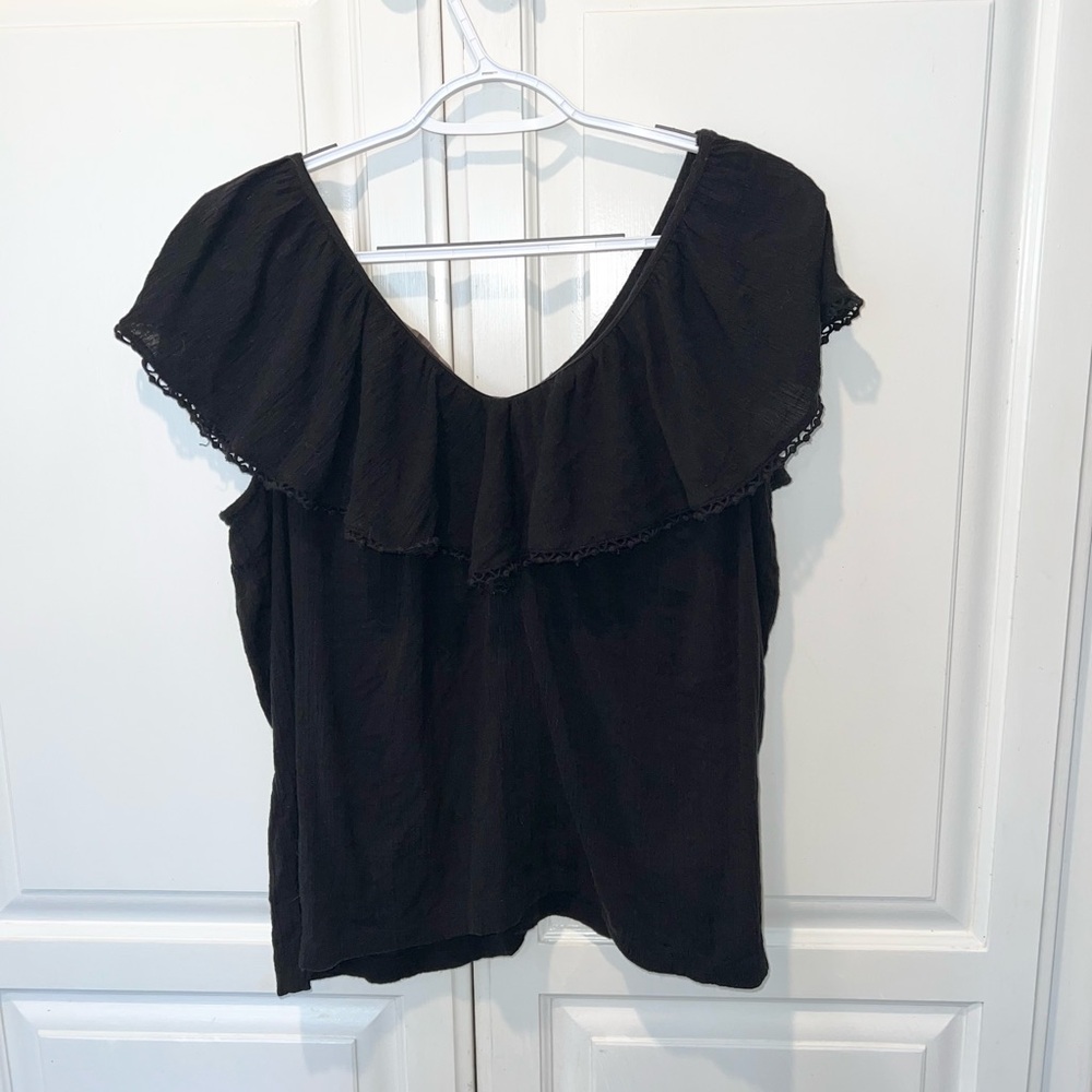 LOFT Black 100% Cotton Ruffle Flutter Sleeve Blouse Crochet Trim M - Picture 4 of 8
